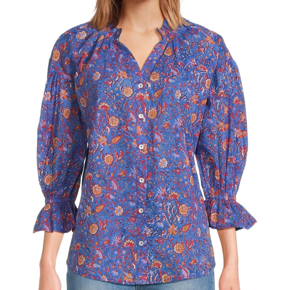 RO’S GARDEN Rachel Cotton Floral Shirt Blue Button Down Shirt